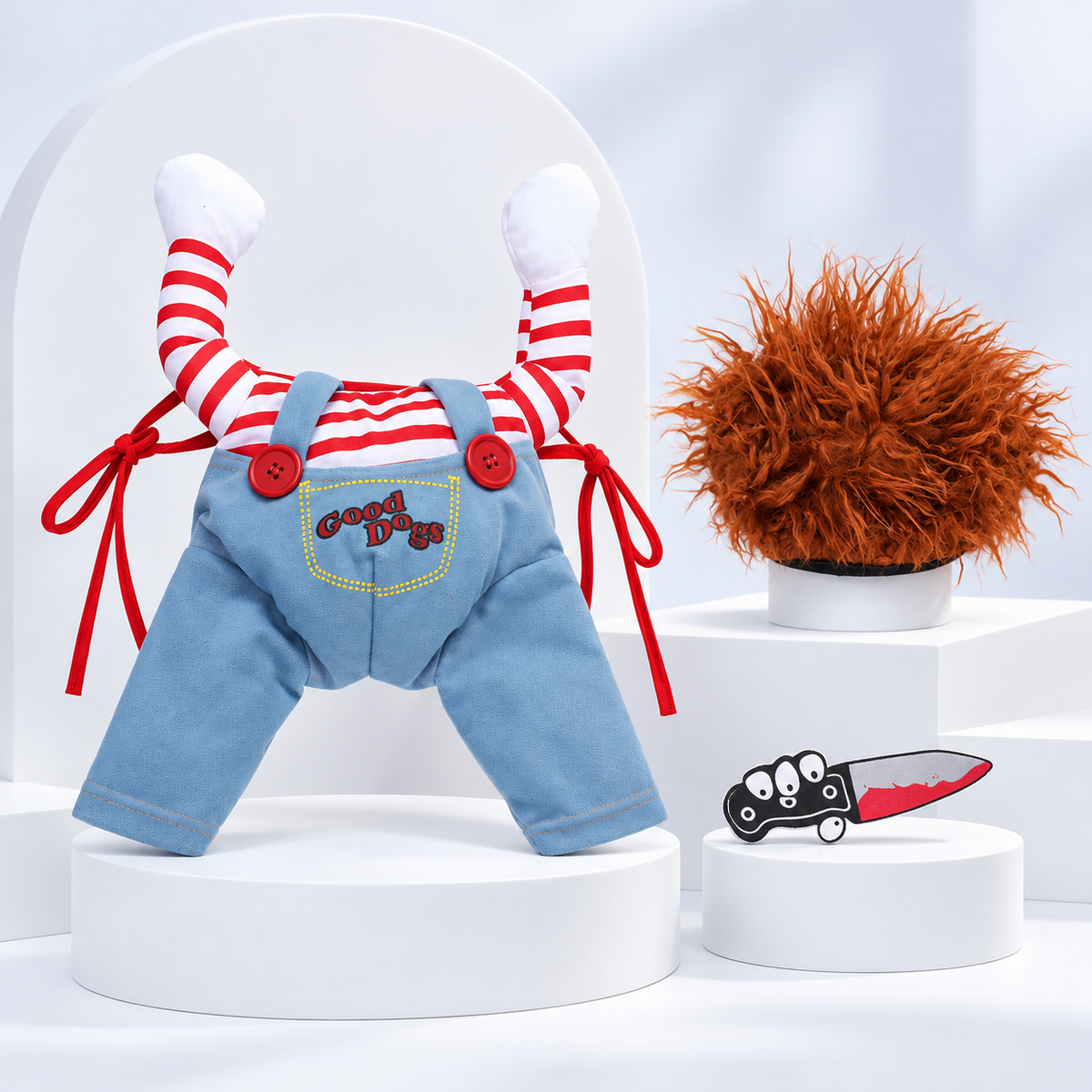 Red-stripe doll pet costume, studio shot