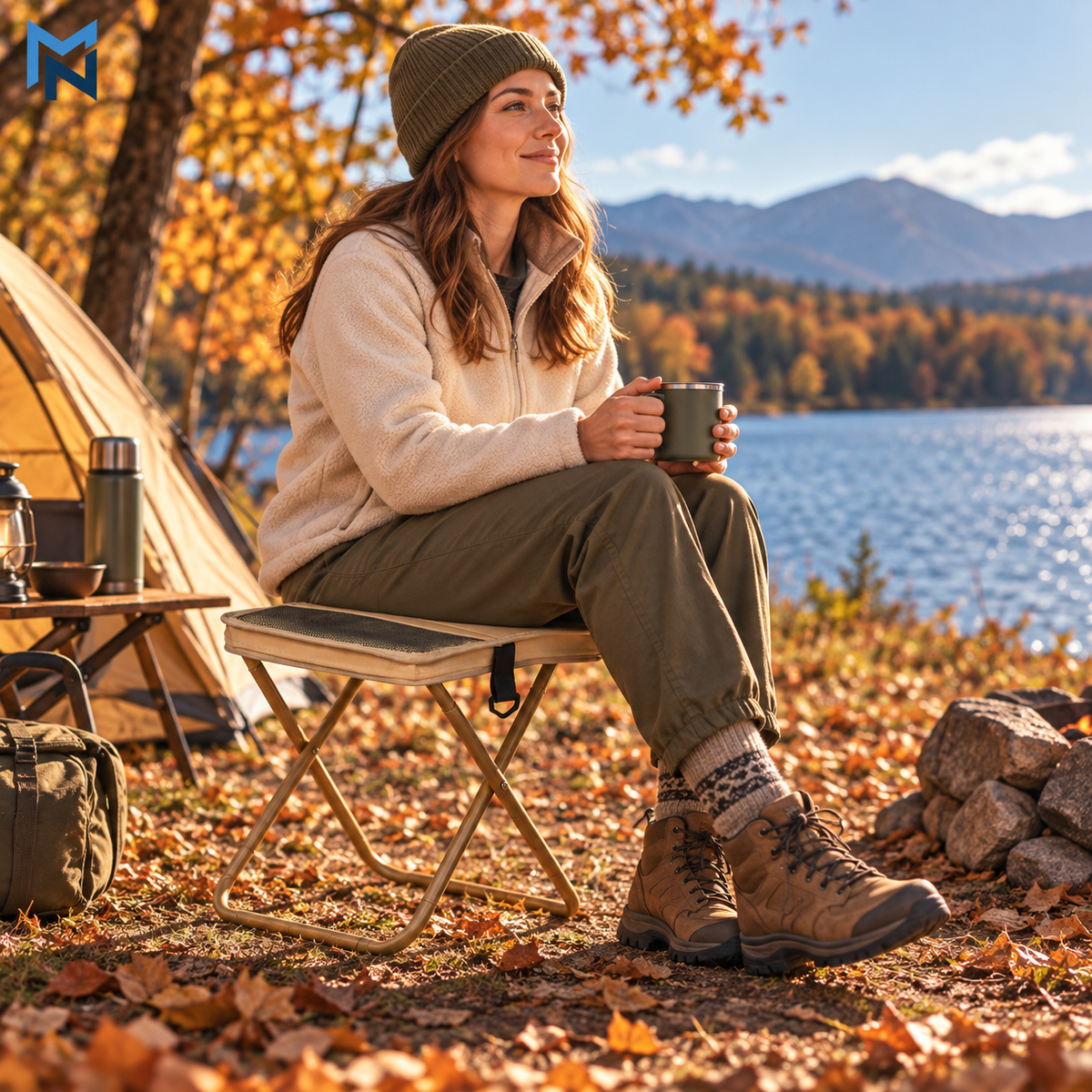 Khaki foldable camping stool with shoulder bag, lifestyle outdoor shot