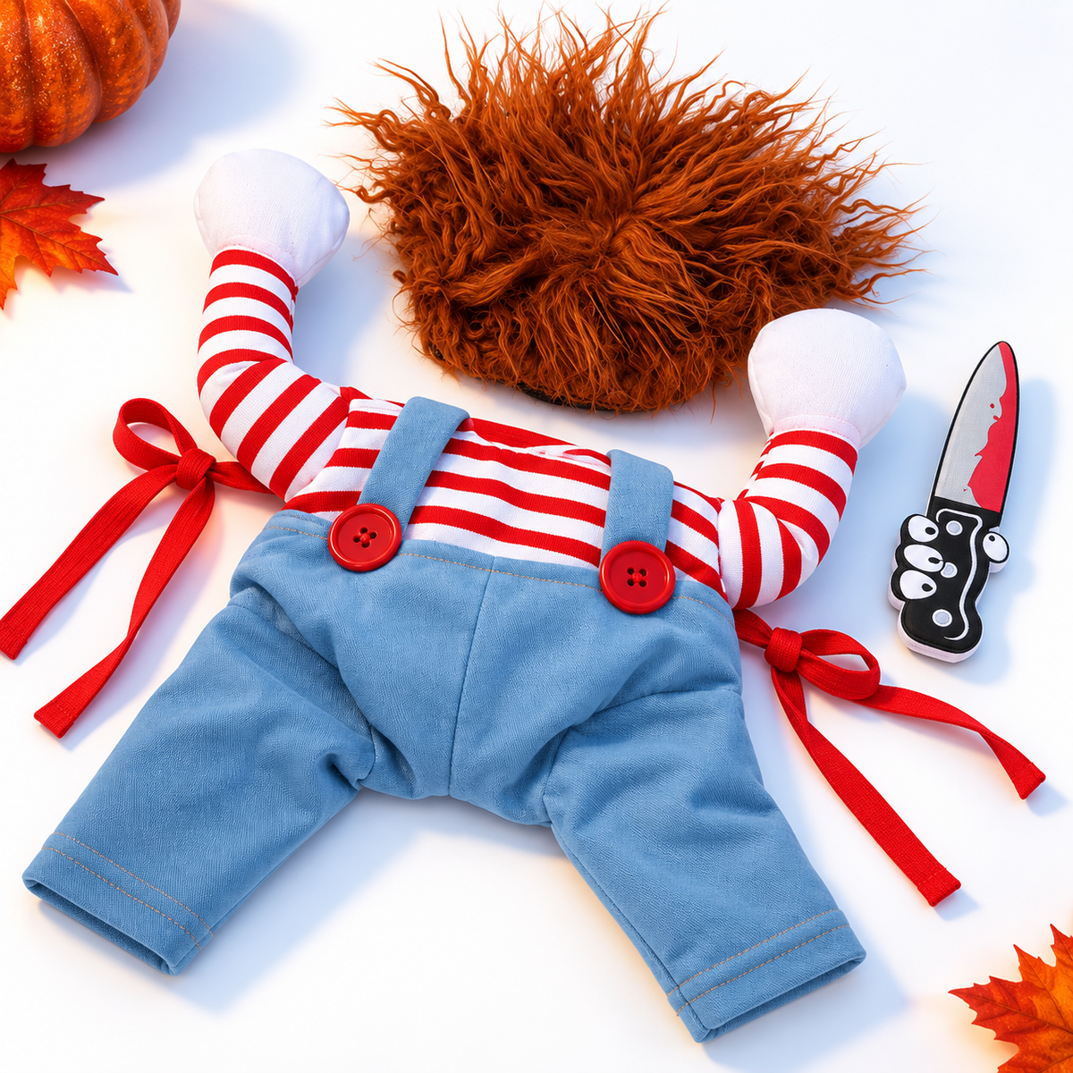 Red-stripe doll pet costume, detail view