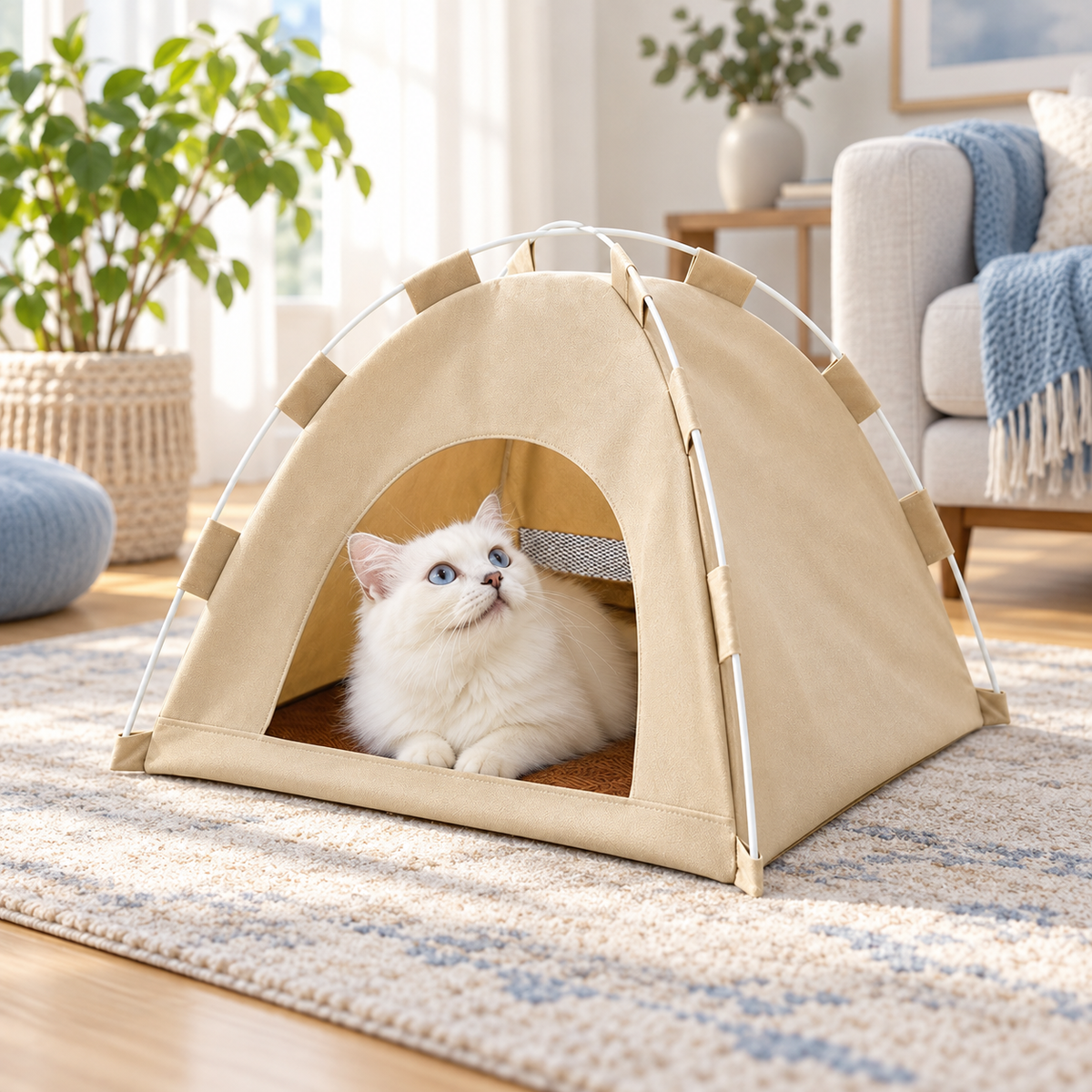 Foldable beige pet hideaway tent lifestyle image