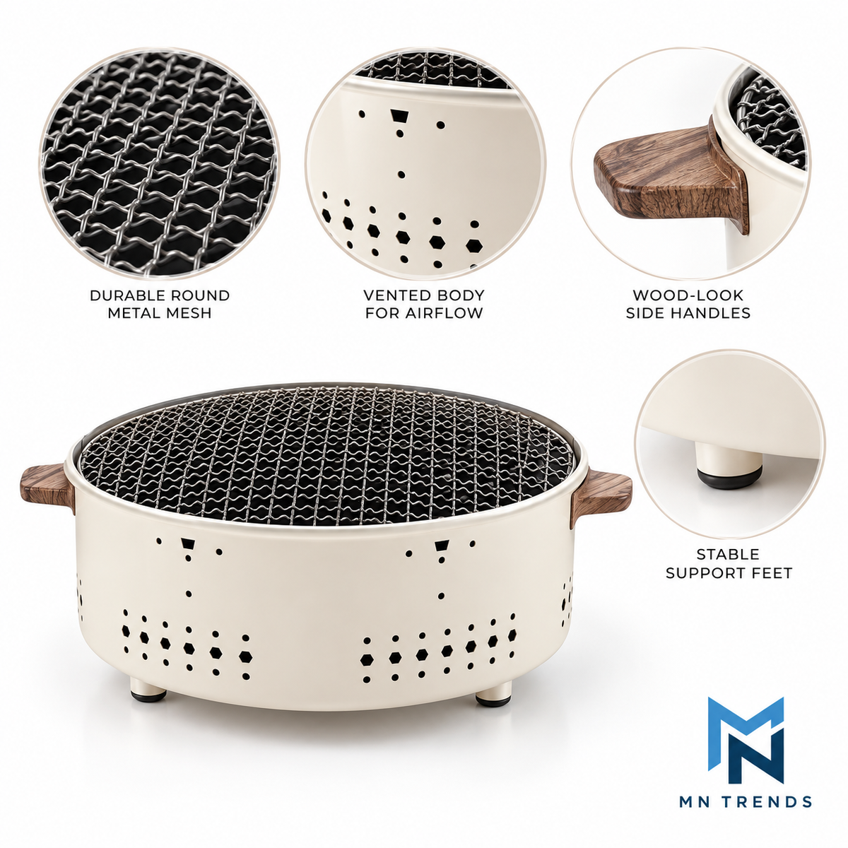 Round outdoor charcoal grill, detail view