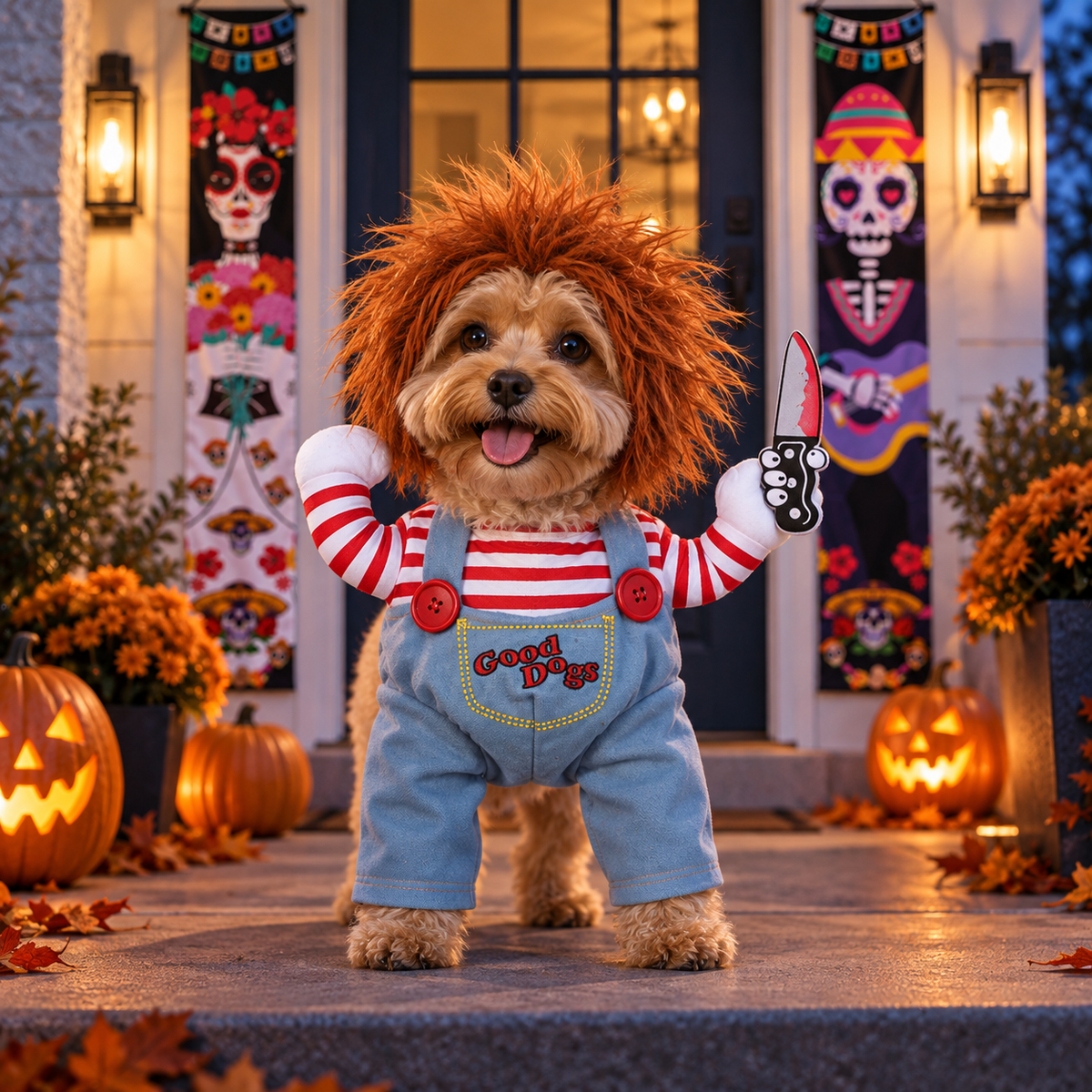 Red-stripe doll pet costume, lifestyle shot