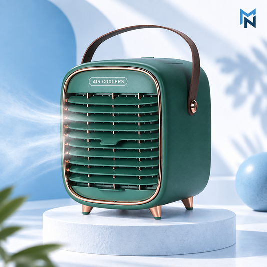 Green rechargeable water-mist desktop fan studio photo