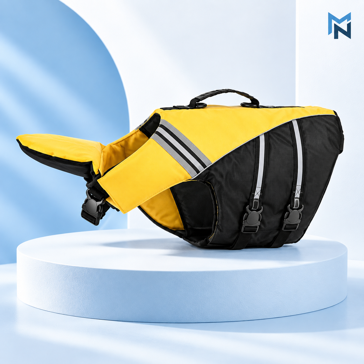 Yellow reflective handle dog life jacket studio image