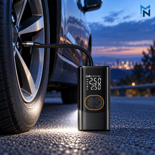 Rechargeable digital tire inflator lifestyle roadside photo