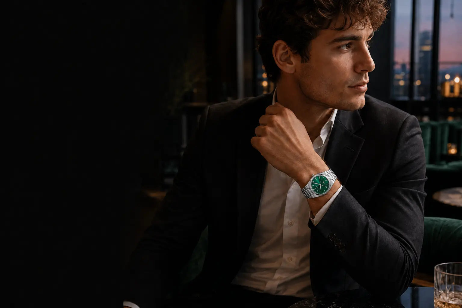 Emerald MN Watch worn with a tailored evening look