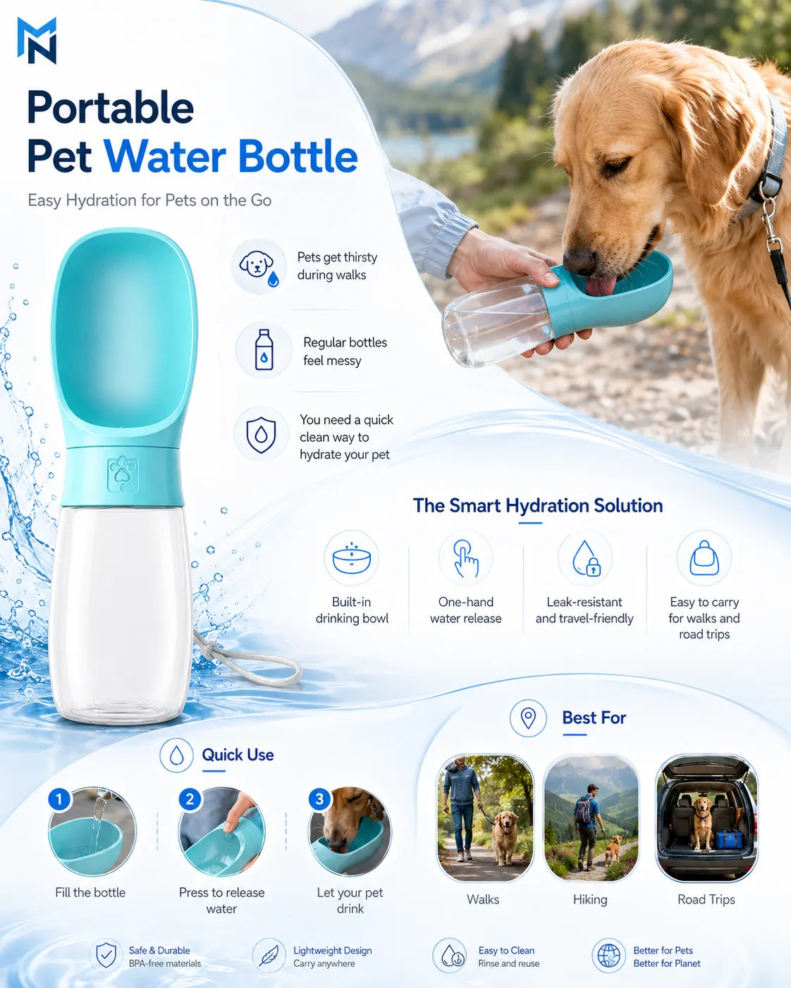 Portable pet water bottle with a dog drinking from it, set against a scenic background.