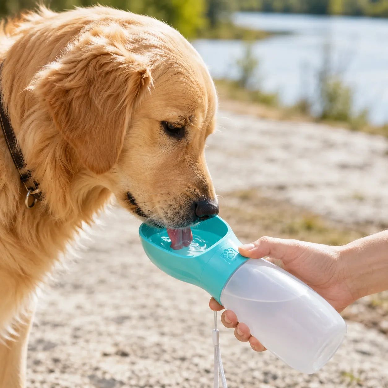 Dog drinking water from a portable blue and white water bottle in an outdoor setting.