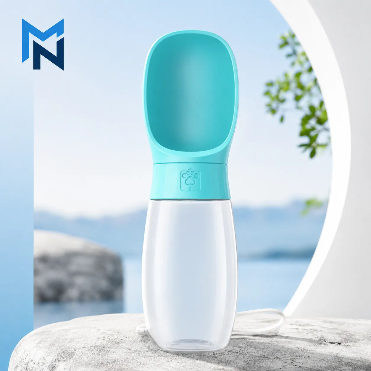 Blue pet water bottle on a rock with a scenic background